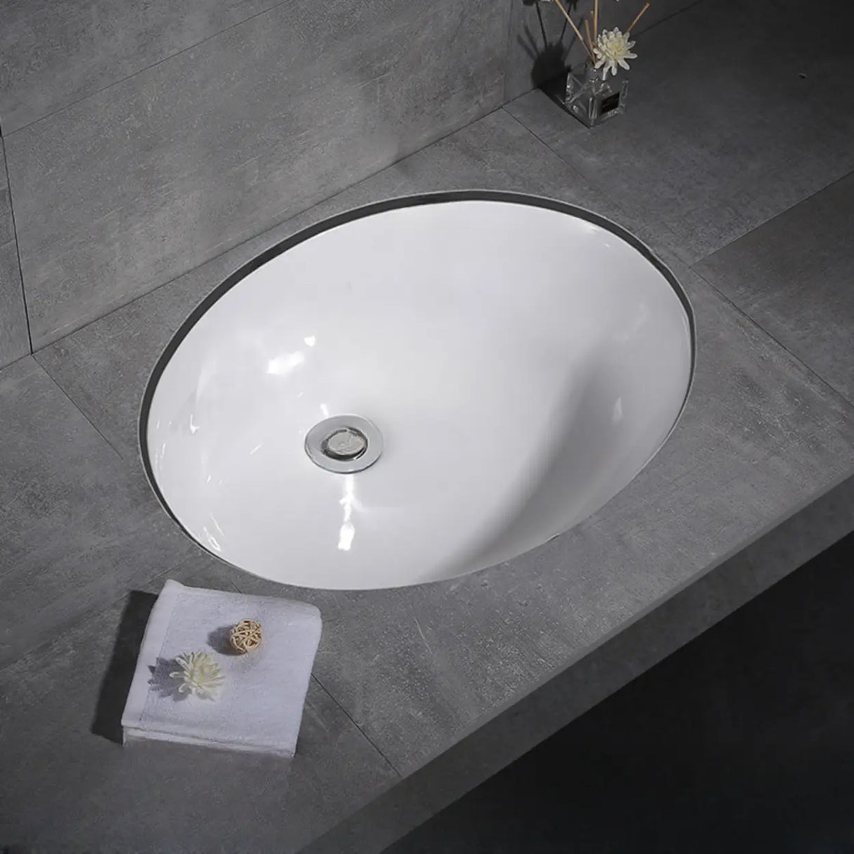 White Undermount Oval Ceramic Center Trapway Sink Image - 11