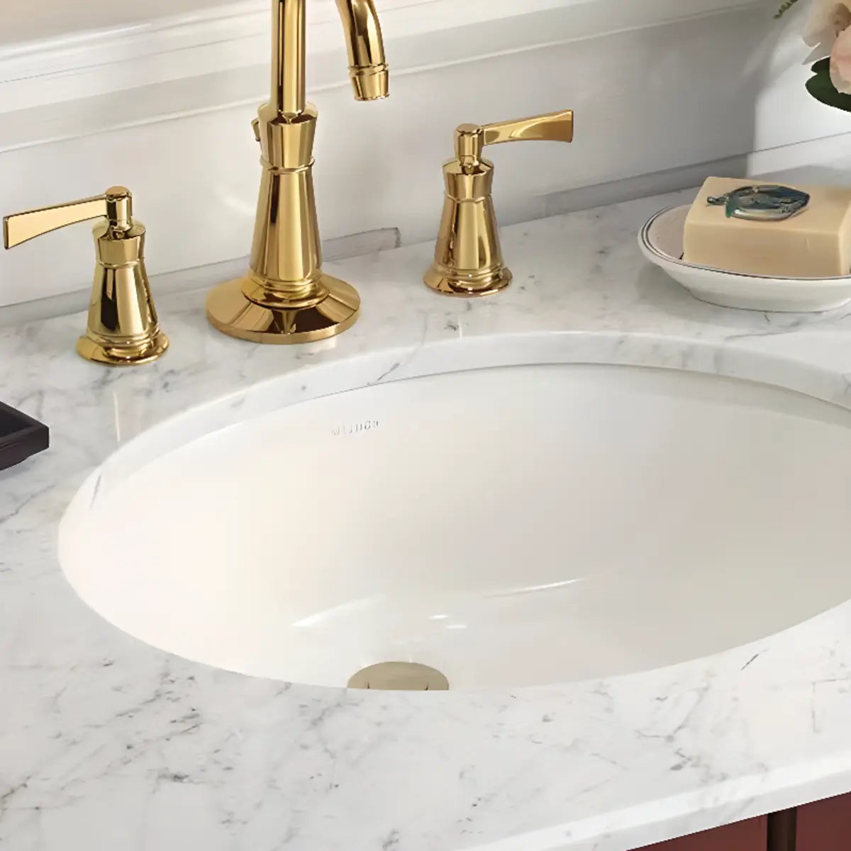 White Undermount Oval Ceramic Sink with Supply Lines Image - 2
