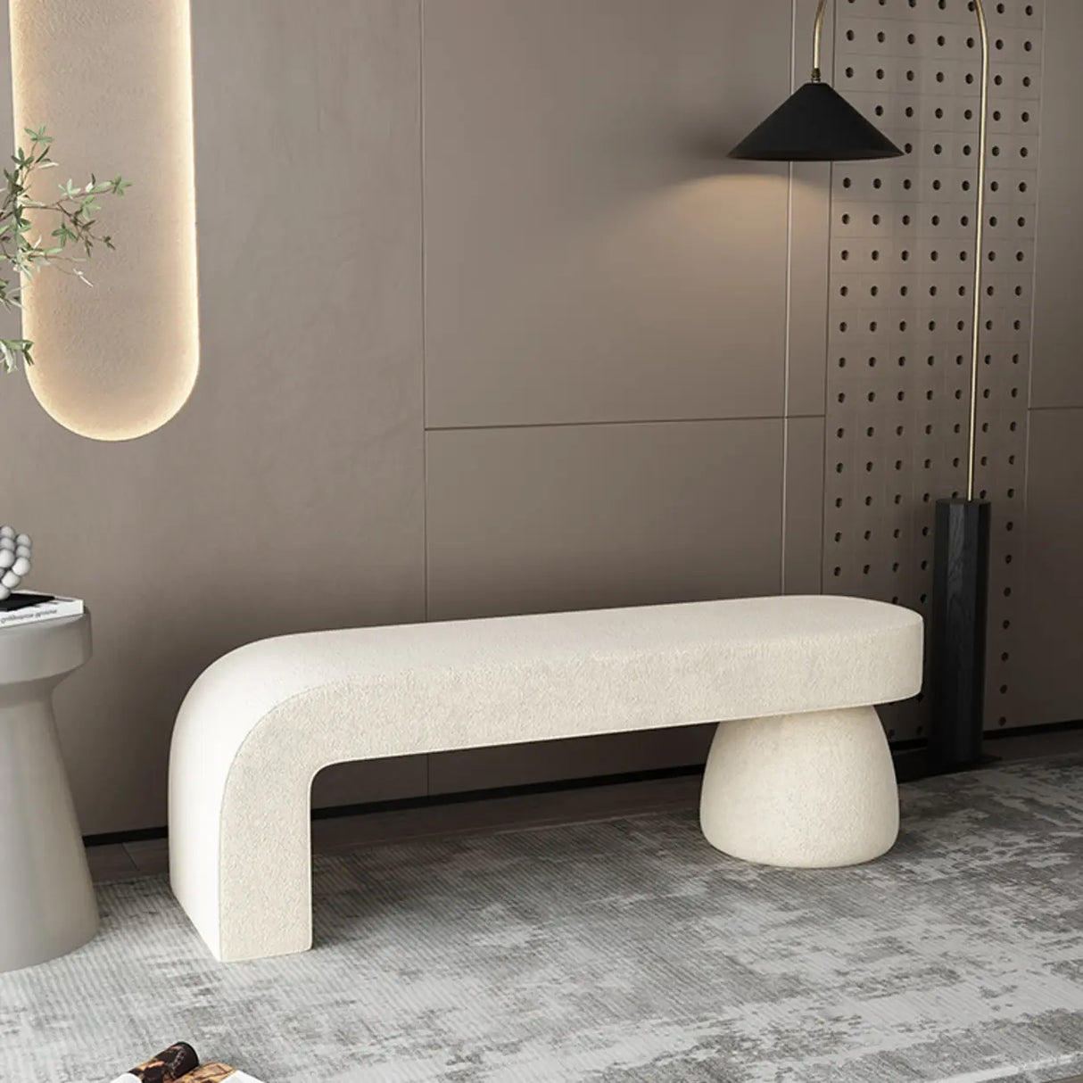 White Upholstered Short Height Bedroom Bench with Legs Image - 6