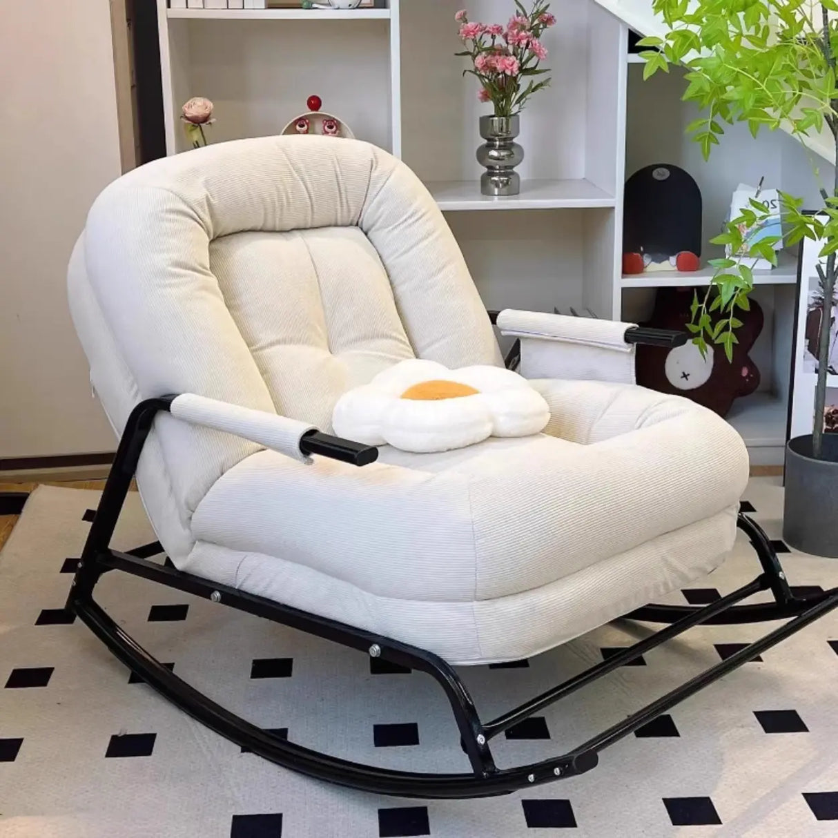 White Upholstered Track Arms Metal Leg Rocking Chair Image - 2