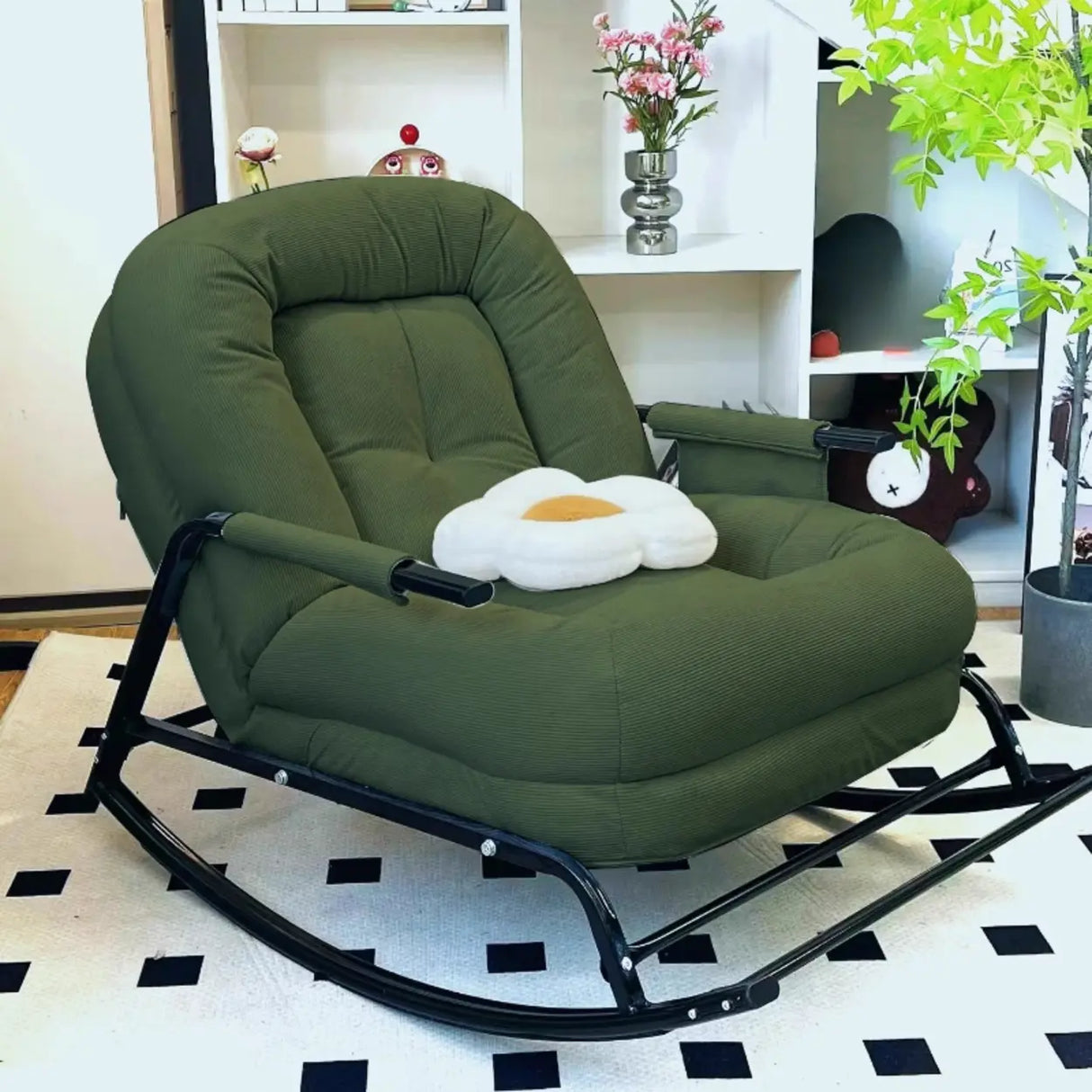 White Upholstered Track Arms Metal Leg Rocking Chair Image - 3