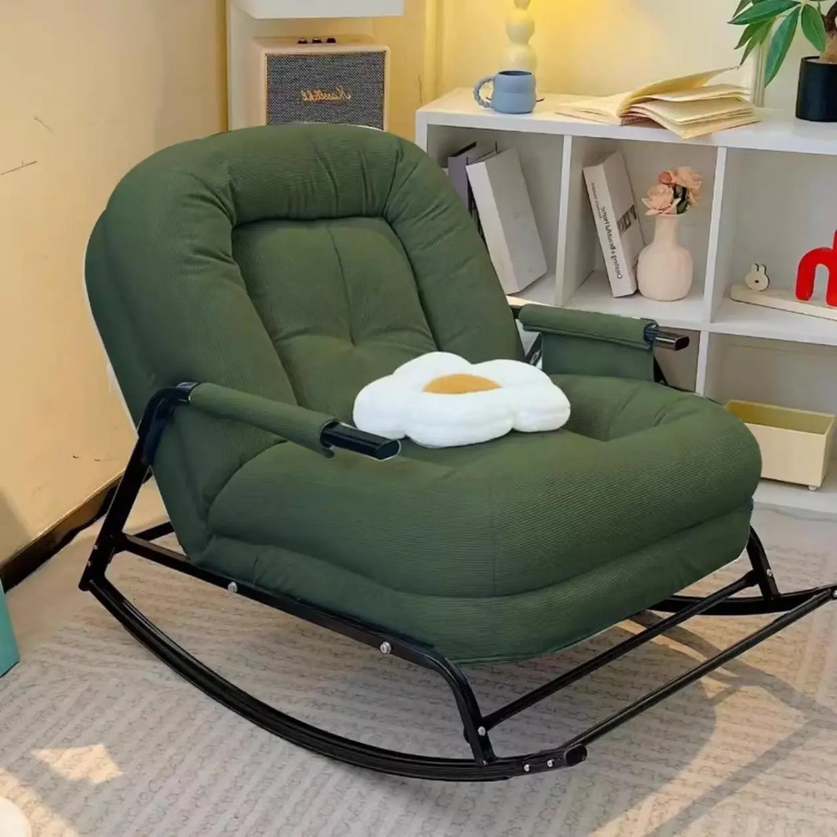 White Upholstered Track Arms Metal Leg Rocking Chair Image - 4