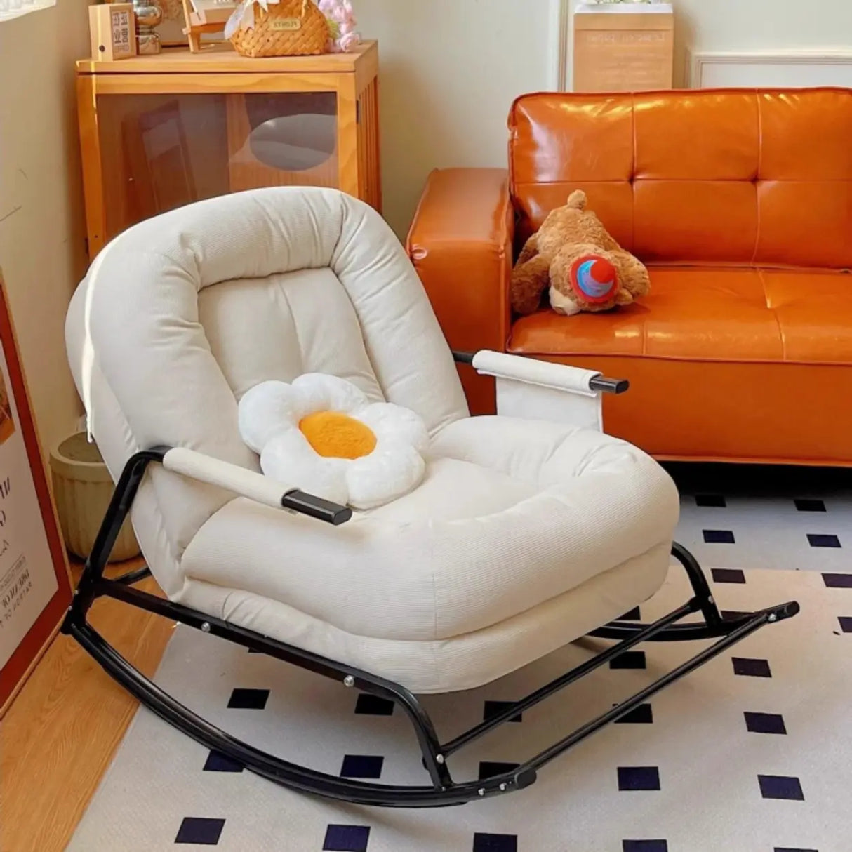 White Upholstered Track Arms Metal Leg Rocking Chair Image - 5