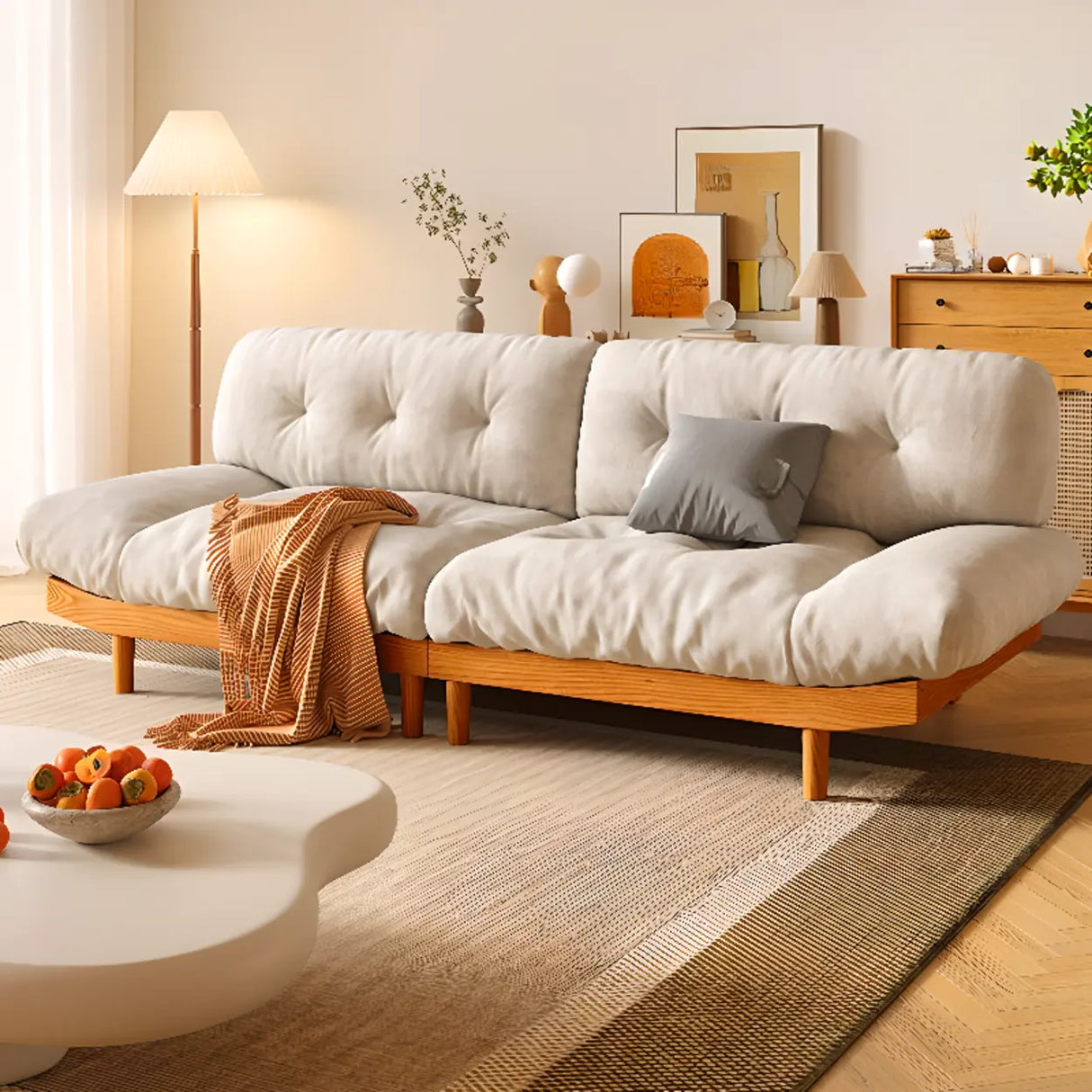 White Velvet Tufted Back Natural Rubberwood Leg Sofa Image - 1