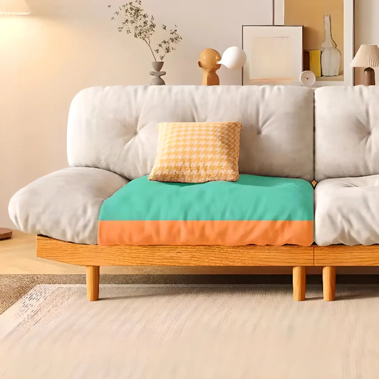 White Velvet Tufted Back Natural Rubberwood Leg Sofa Image - 11