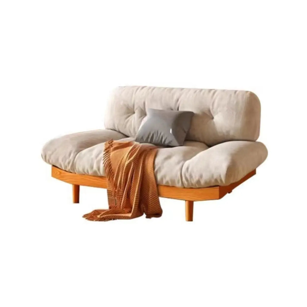 White Velvet Tufted Back Natural Rubberwood Leg Sofa Image - 2