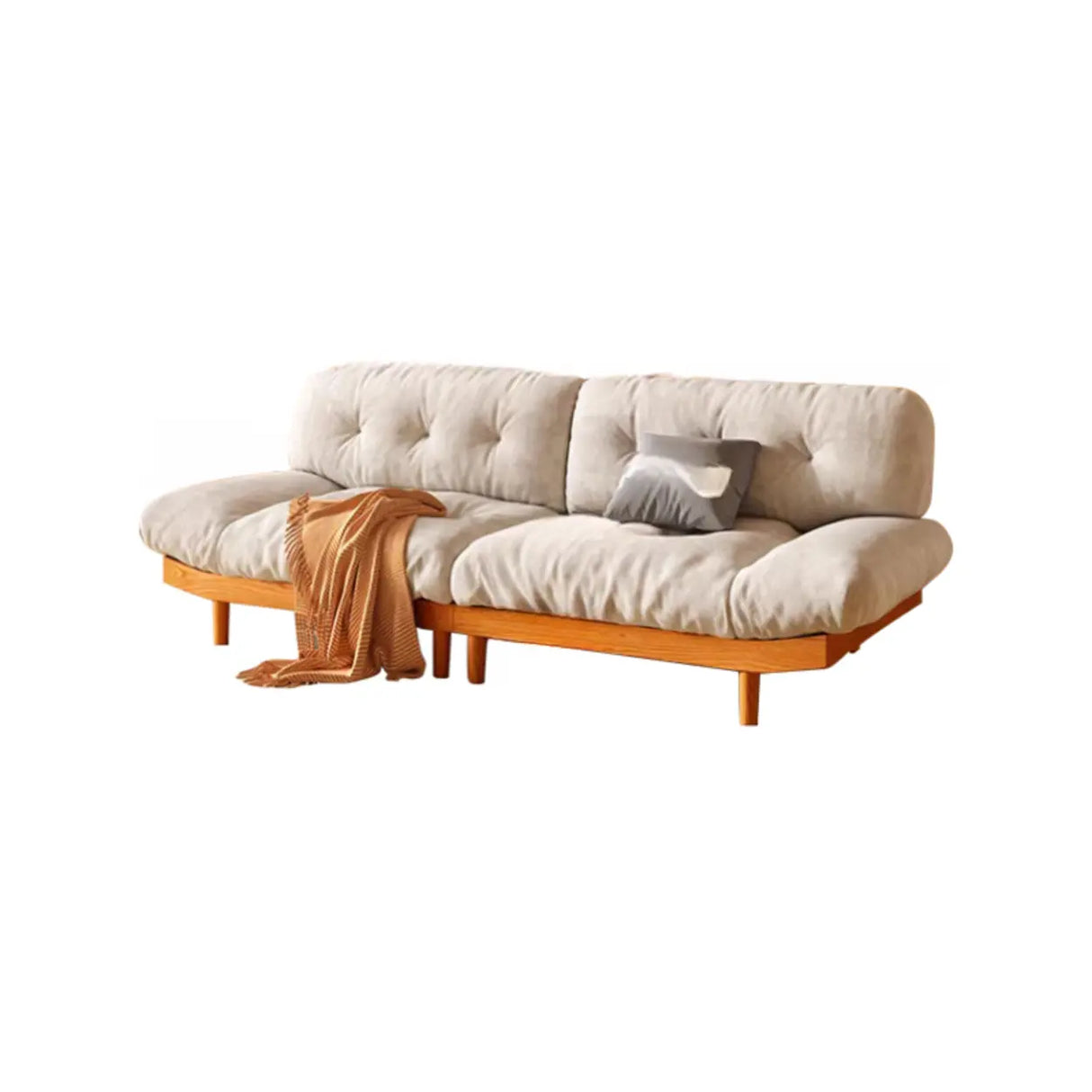 White Velvet Tufted Back Natural Rubberwood Leg Sofa Image - 3