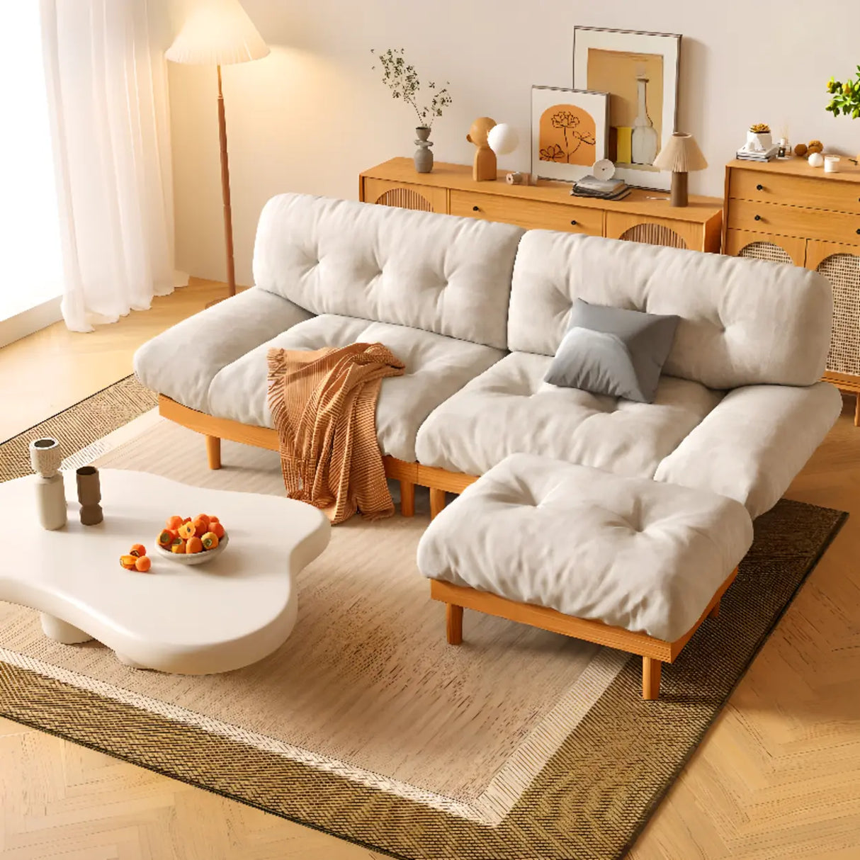 White Velvet Tufted Back Natural Rubberwood Leg Sofa Image - 4