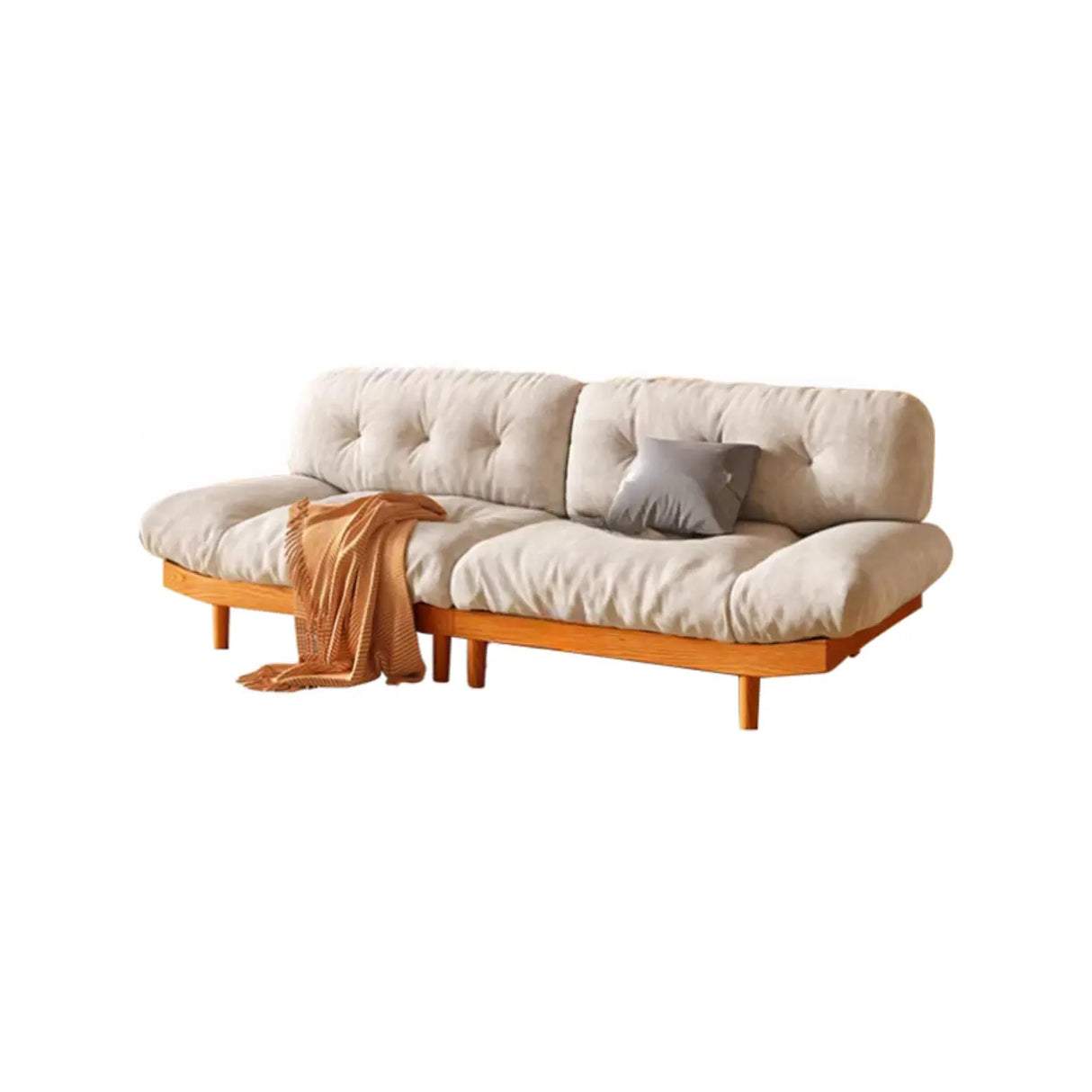 White Velvet Tufted Back Natural Rubberwood Leg Sofa Image - 5