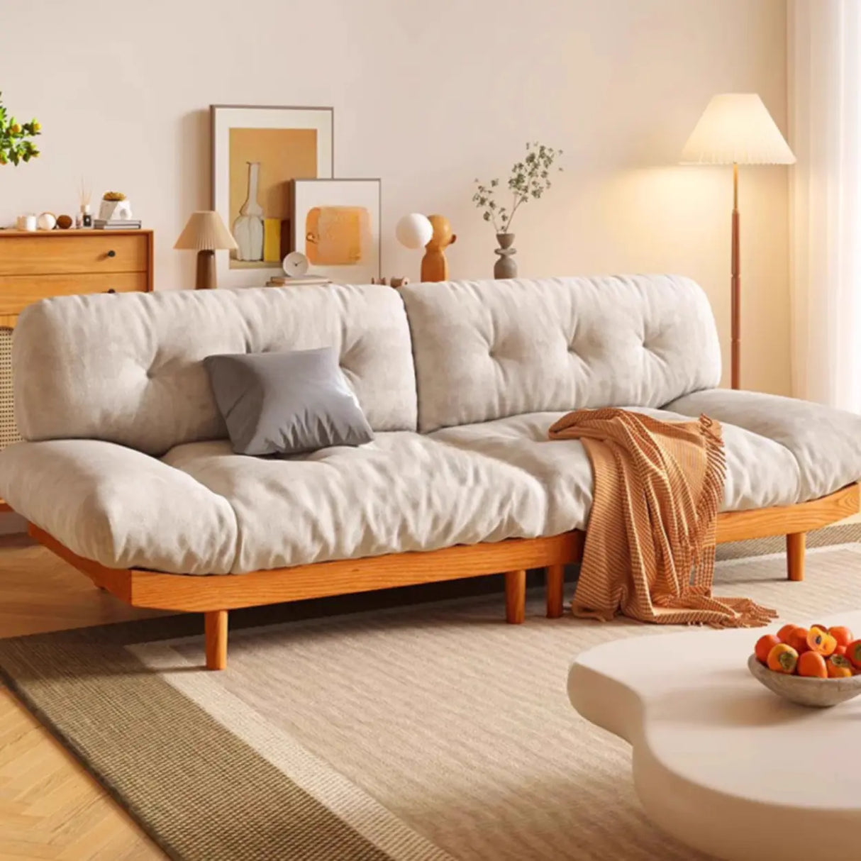 White Velvet Tufted Back Natural Rubberwood Leg Sofa Image - 6