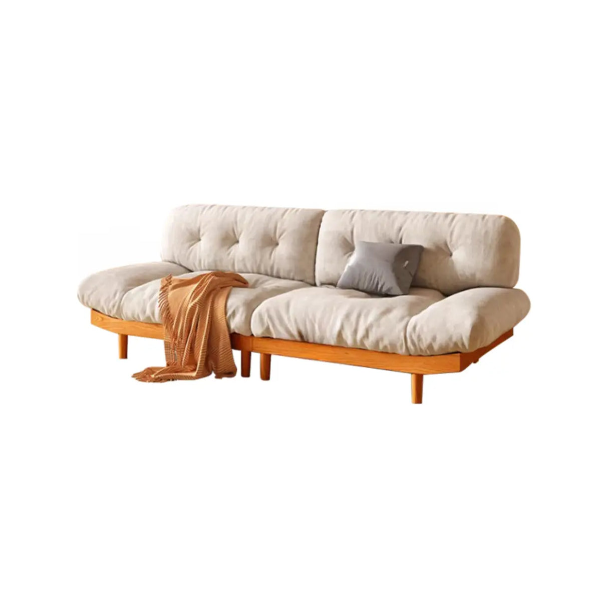 White Velvet Tufted Back Natural Rubberwood Leg Sofa Image - 7