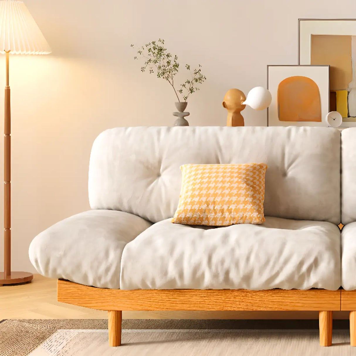 White Velvet Tufted Back Natural Rubberwood Leg Sofa Image - 8