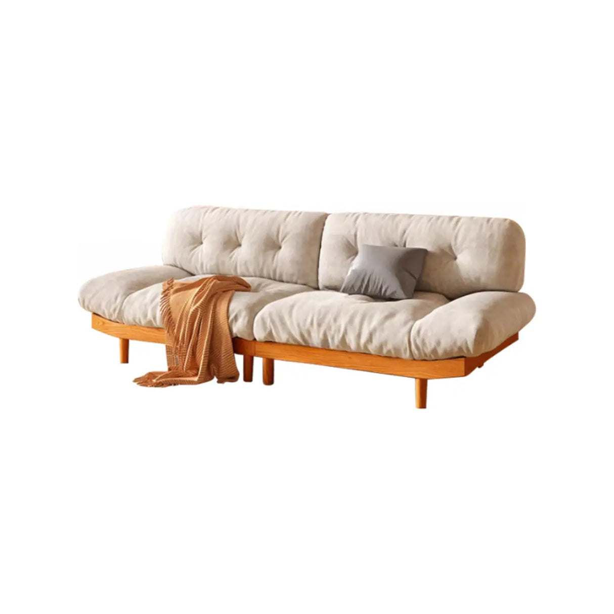White Velvet Tufted Back Natural Rubberwood Leg Sofa Image - 9