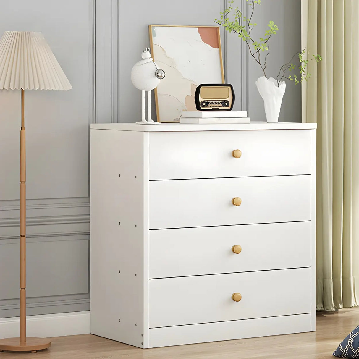 White Vertical Wood Dresser Chest with Four Drawers Image - 1