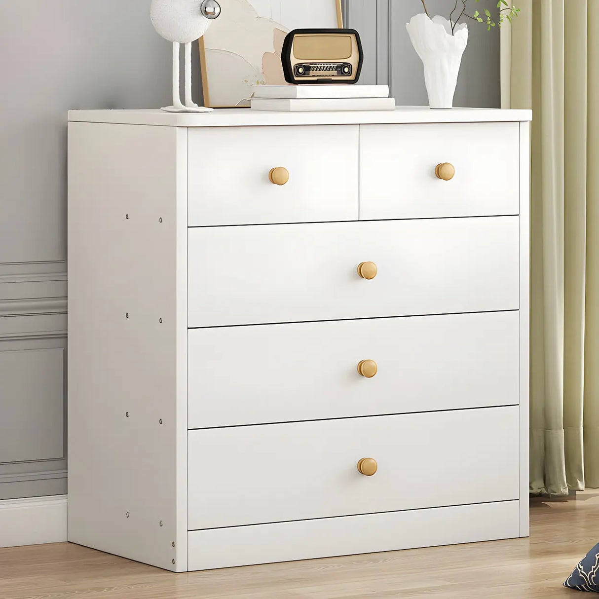 White Vertical Wood Dresser Chest with Four Drawers Image - 11