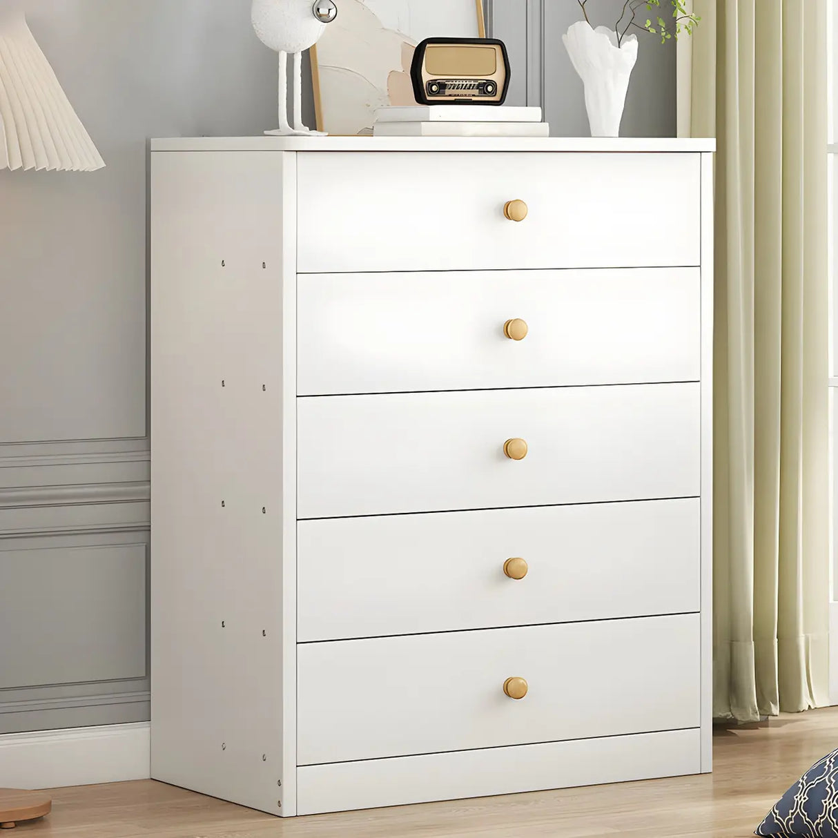 White Vertical Wood Dresser Chest with Four Drawers Image - 13
