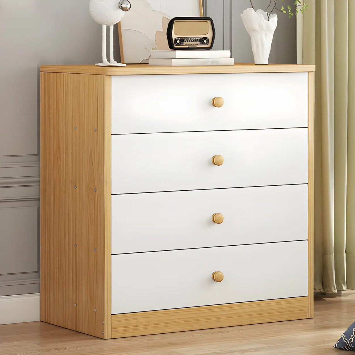White Vertical Wood Dresser Chest with Four Drawers Image - 2