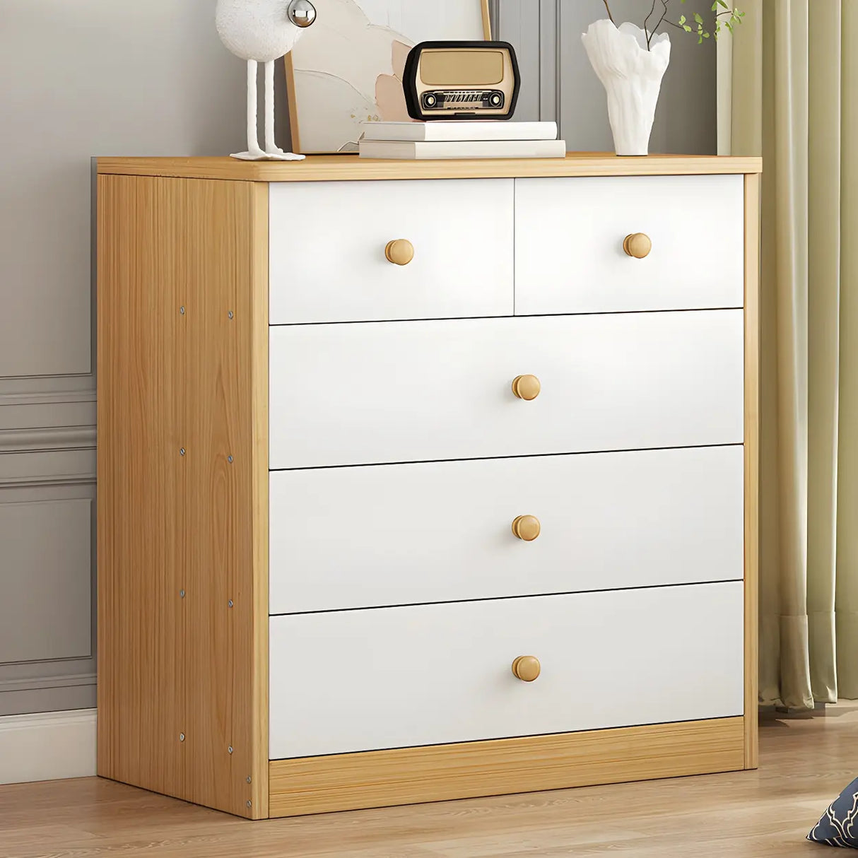 White Vertical Wood Dresser Chest with Four Drawers Image - 3