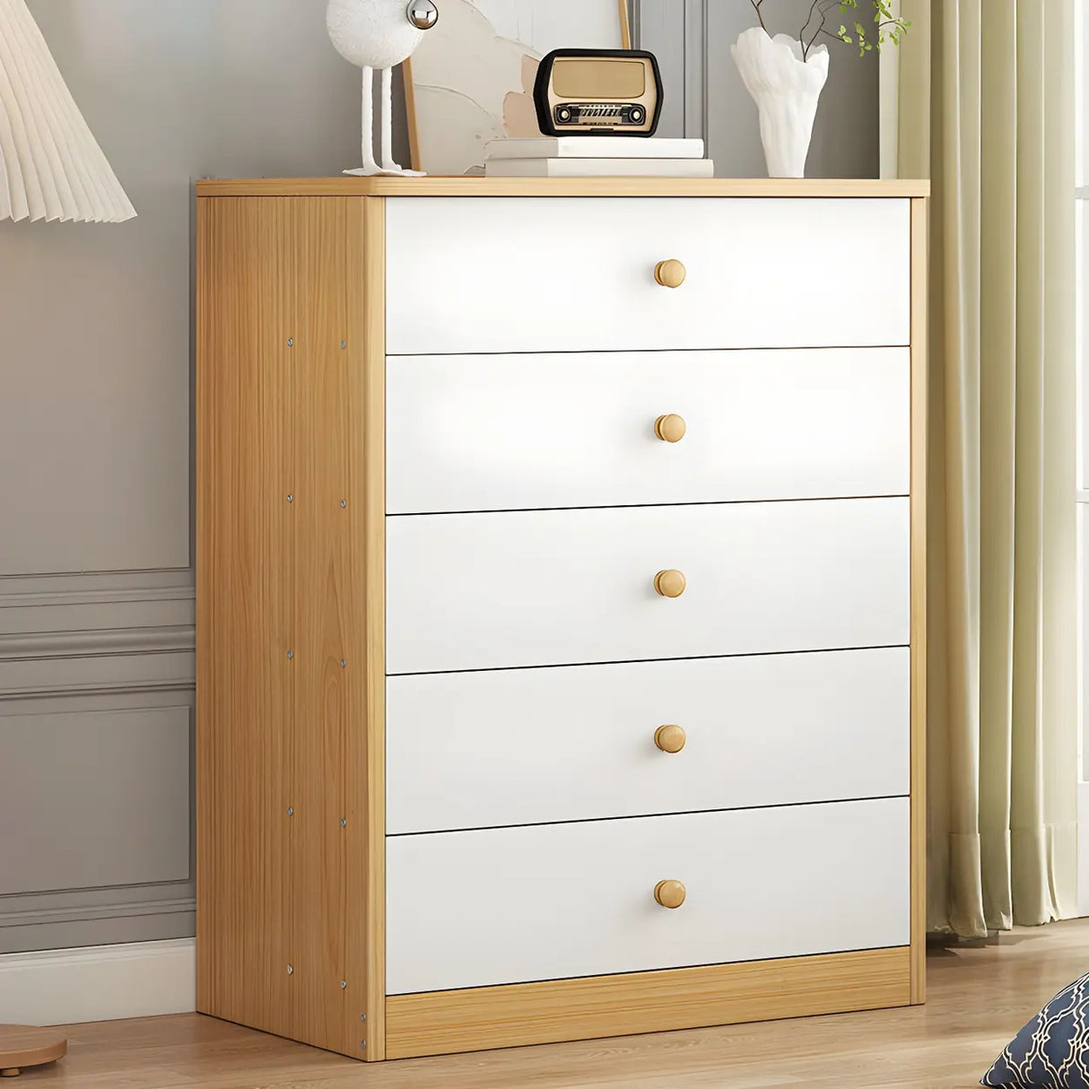 White Vertical Wood Dresser Chest with Four Drawers Image - 5