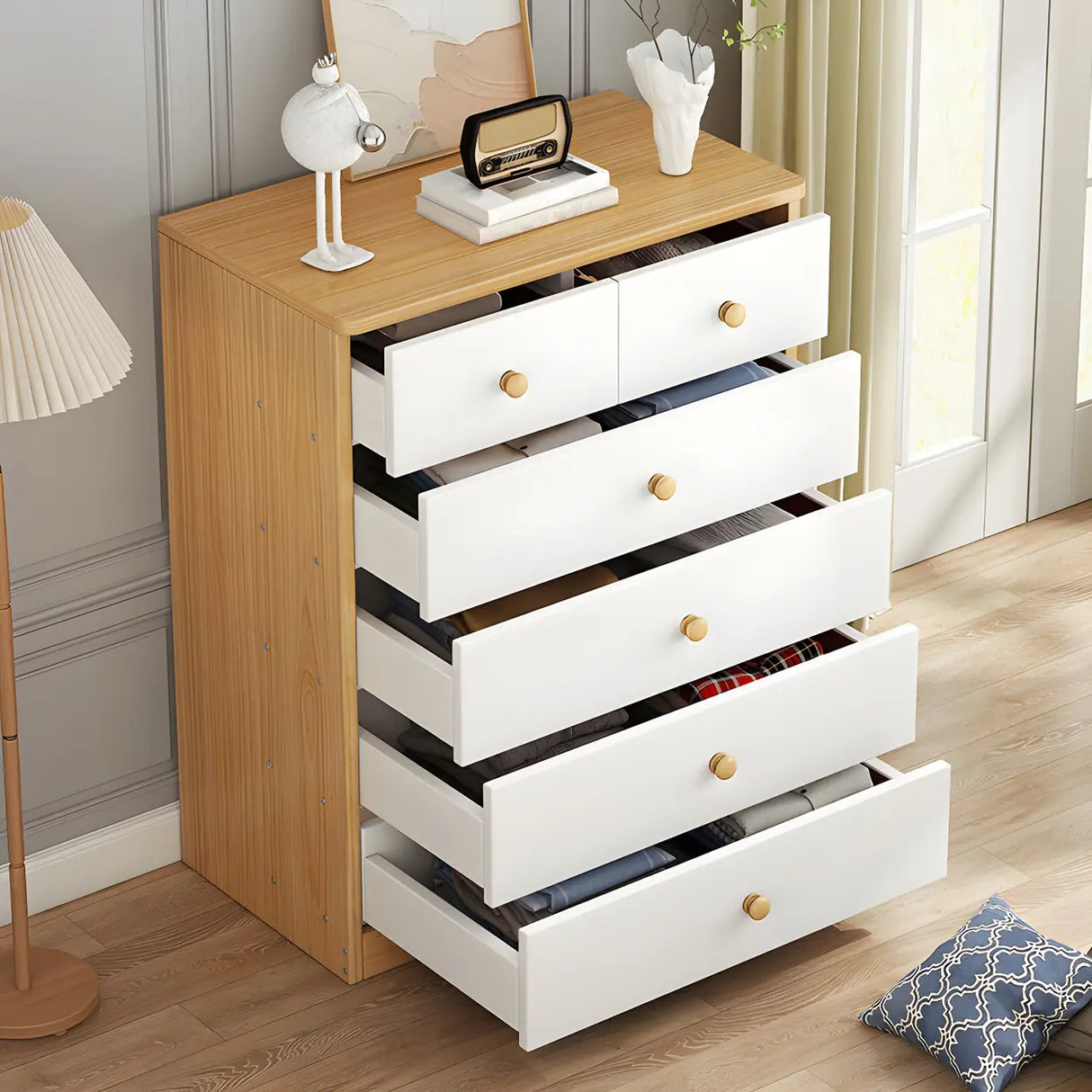 White Vertical Wood Dresser Chest with Four Drawers Image - 6