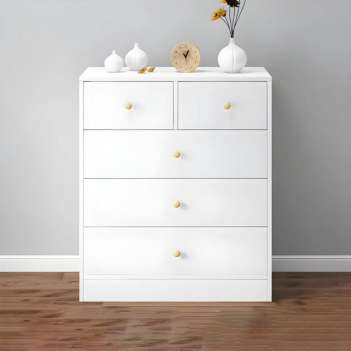 White Vertical Wood Dresser Chest with Four Drawers Image - 8