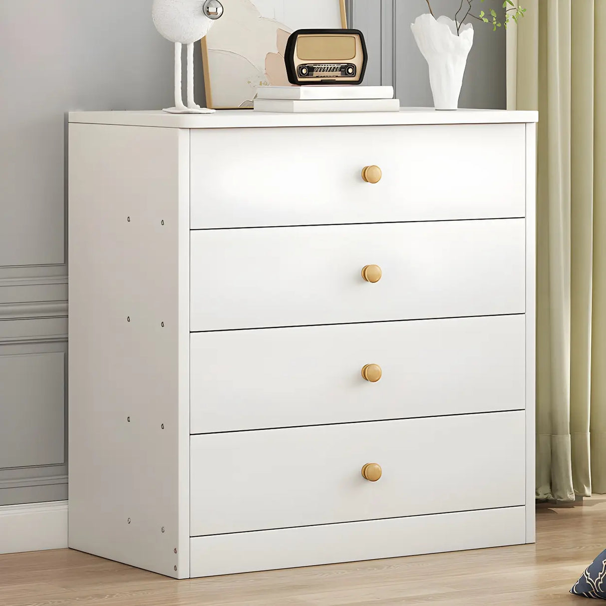 White Vertical Wood Dresser Chest with Four Drawers Image - 9