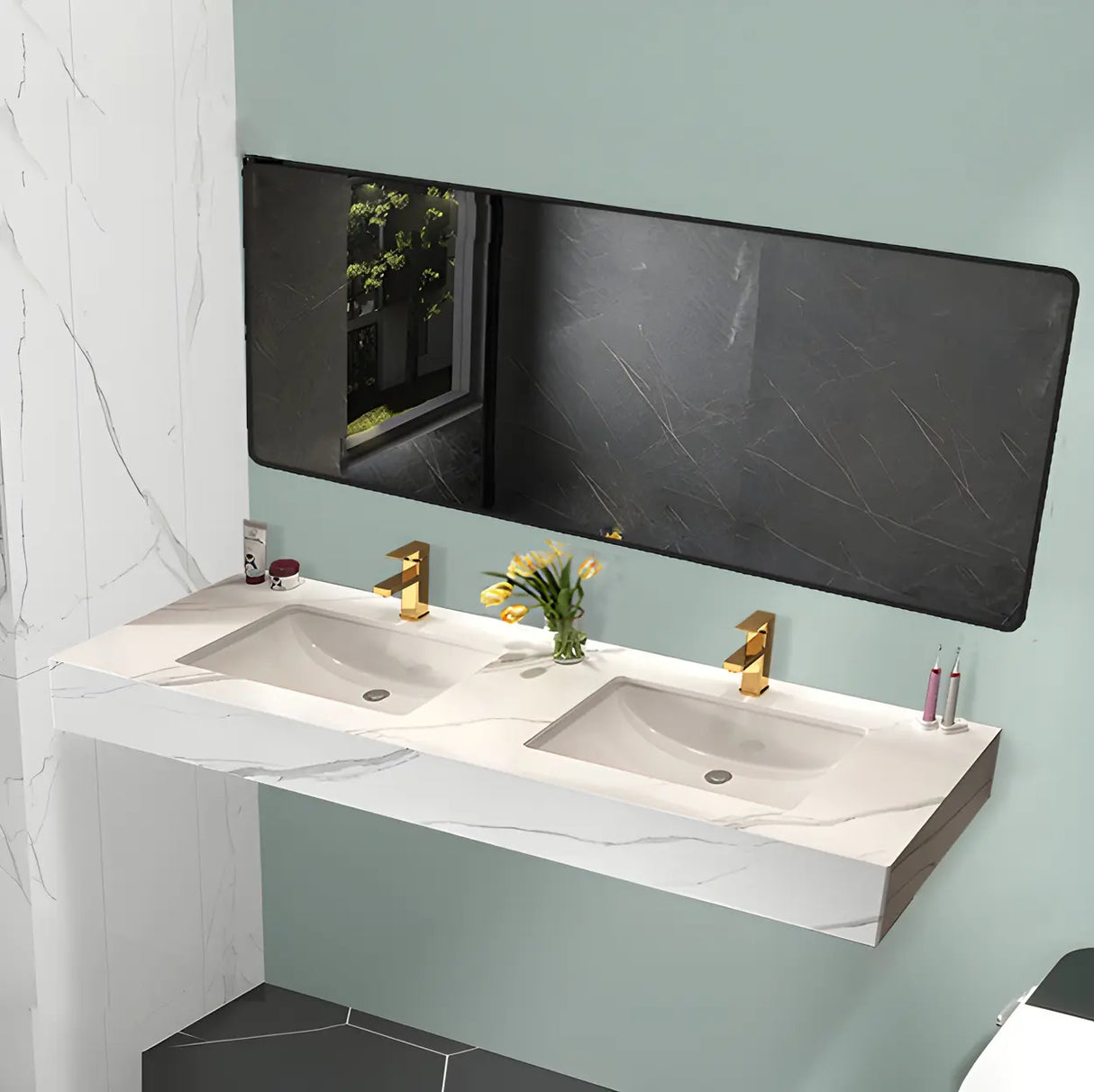 White Wall Mount Double Undermount Sink Stone Bath Vanity Image - 1