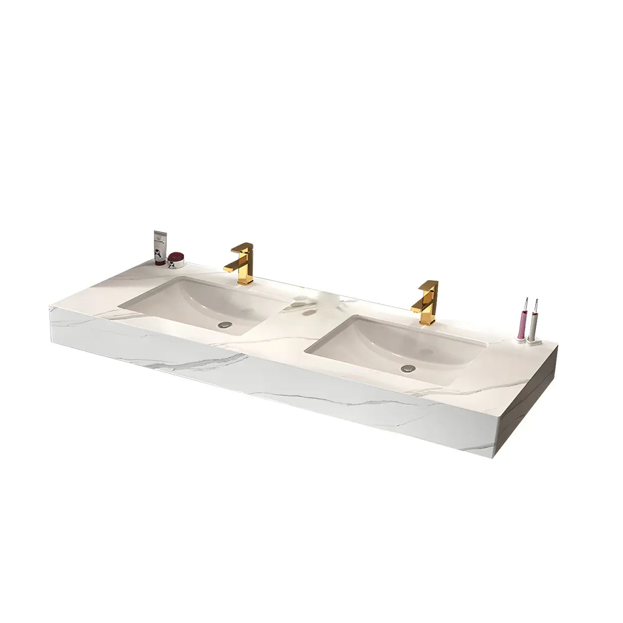 White Wall Mount Double Undermount Sink Stone Bath Vanity Image - 2