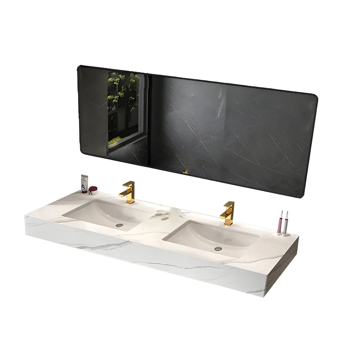White Wall Mount Double Undermount Sink Stone Bath Vanity Image - 3