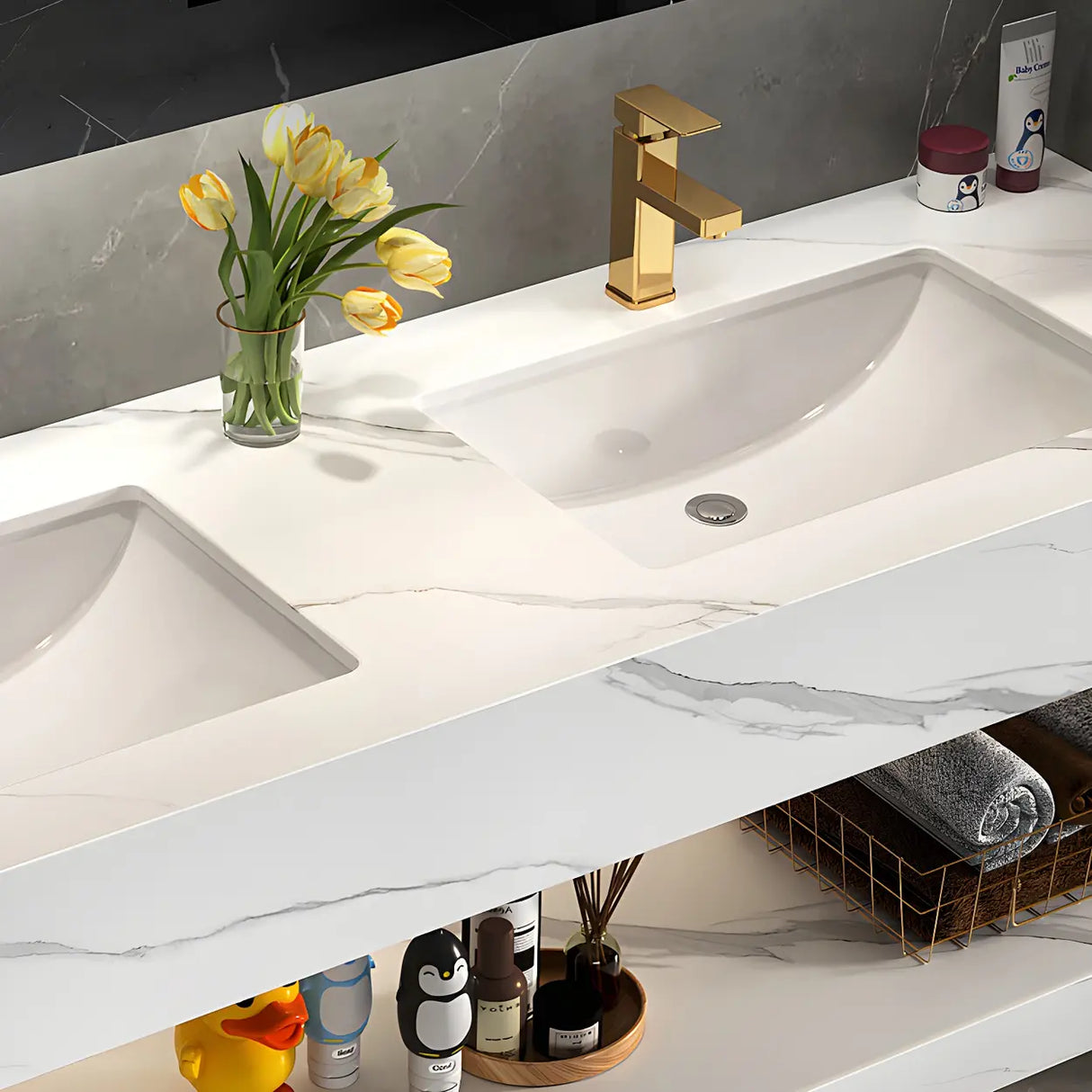 White Wall Mount Double Undermount Sink Stone Bath Vanity Image - 5