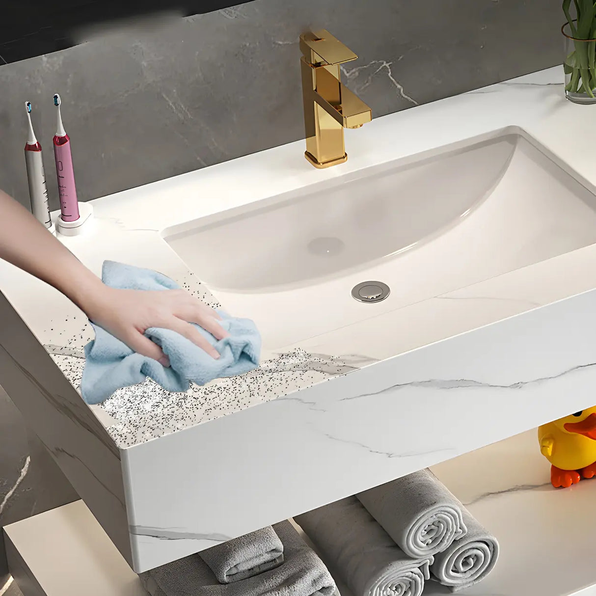 White Wall Mount Double Undermount Sink Stone Bath Vanity Image - 6