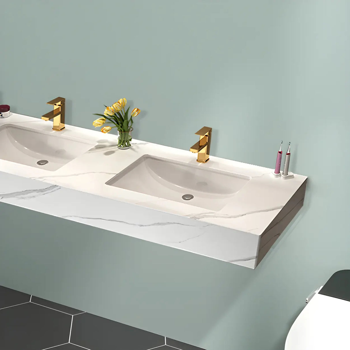 White Wall Mount Double Undermount Sink Stone Bath Vanity Image - 8