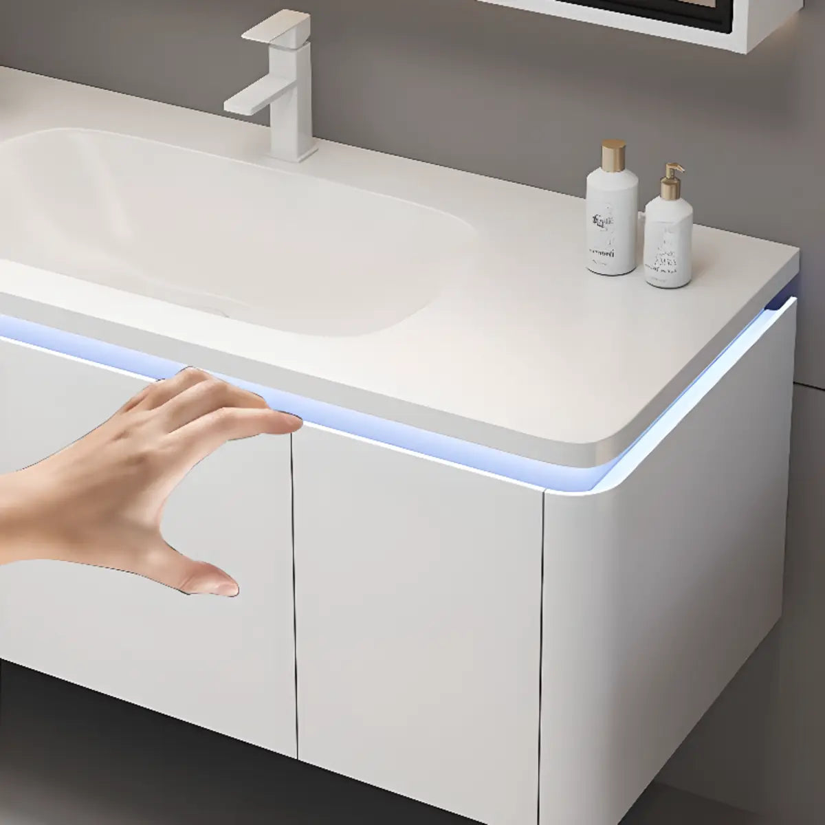 White Wall Mounted Acrylic Bathroom Vanity with Shelves Image - 6