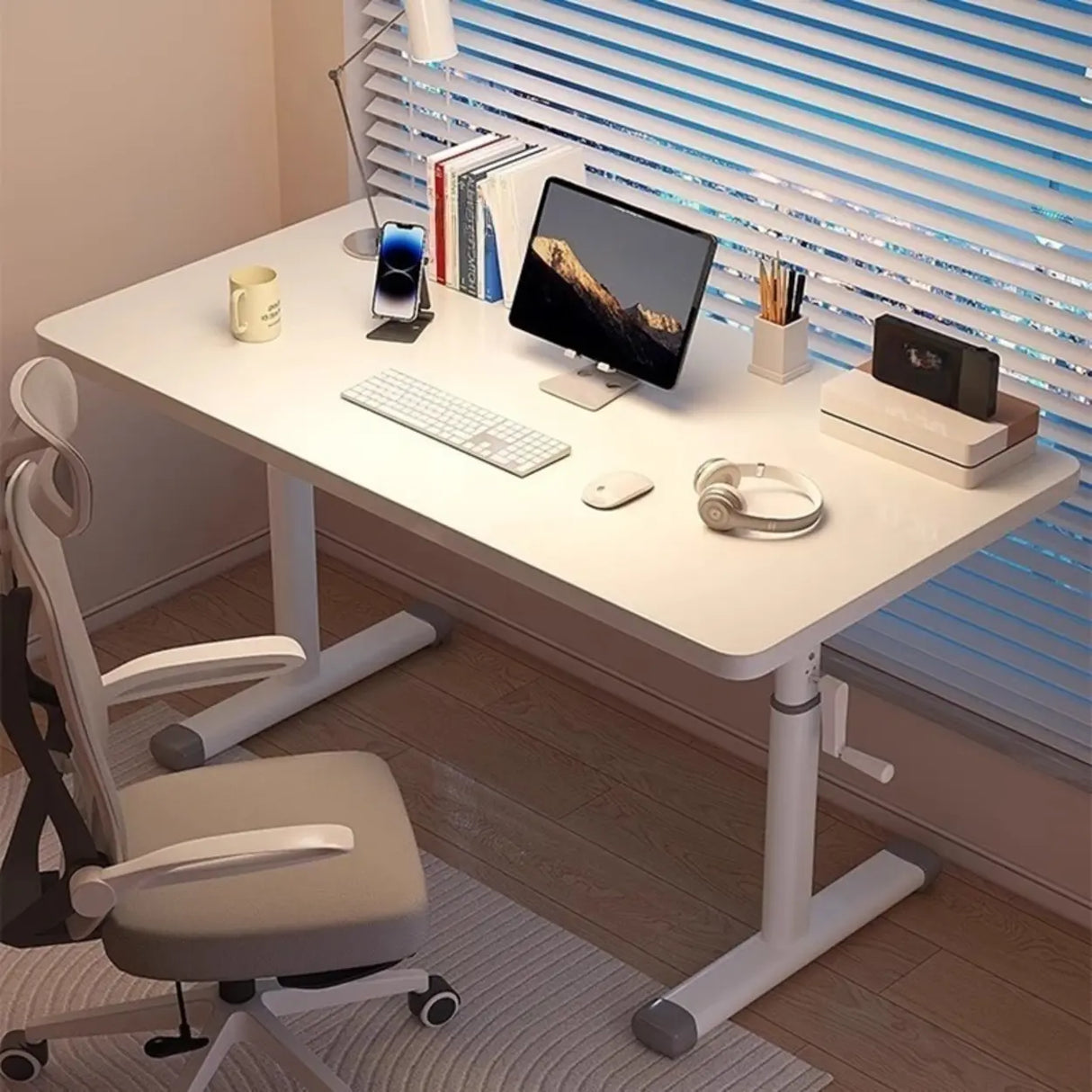 White Wood Adjustable Height T-Shape Standing Desk Image - 1