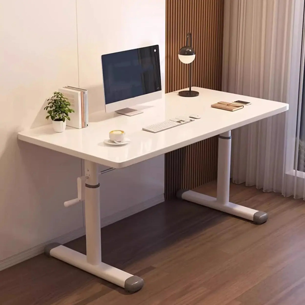 White Wood Adjustable Height T-Shape Standing Desk Image - 4