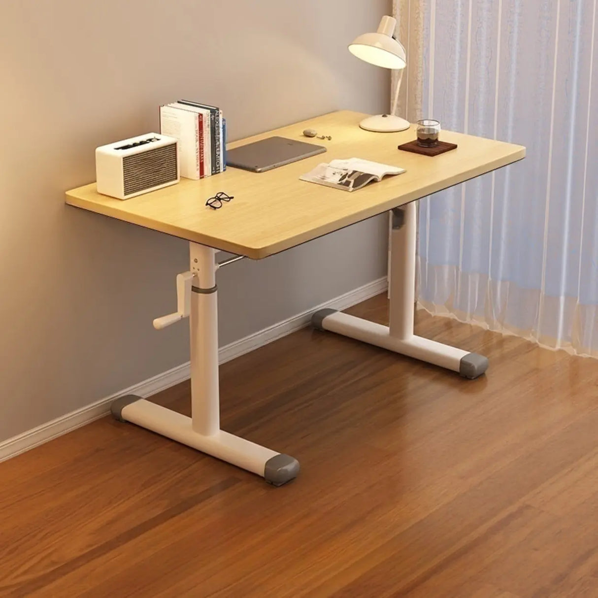 White Wood Adjustable Height T-Shape Standing Desk Image - 5