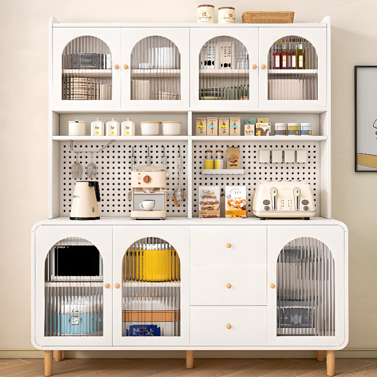 White Wood Arched Ribbed Glass Storage China Cabinet Image - 1