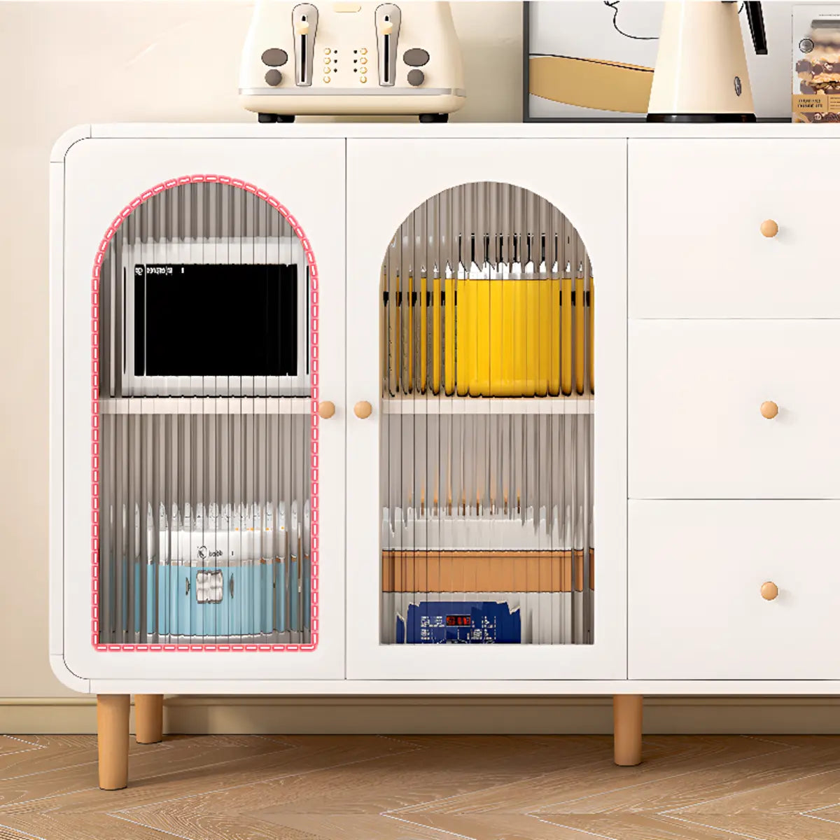 White Wood Arched Ribbed Glass Storage China Cabinet Image - 10