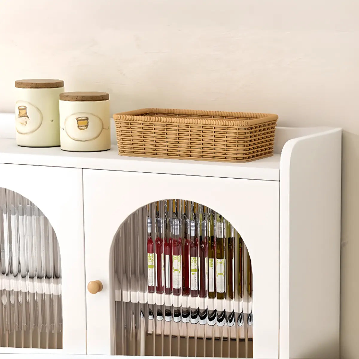 White Wood Arched Ribbed Glass Storage China Cabinet Image - 11