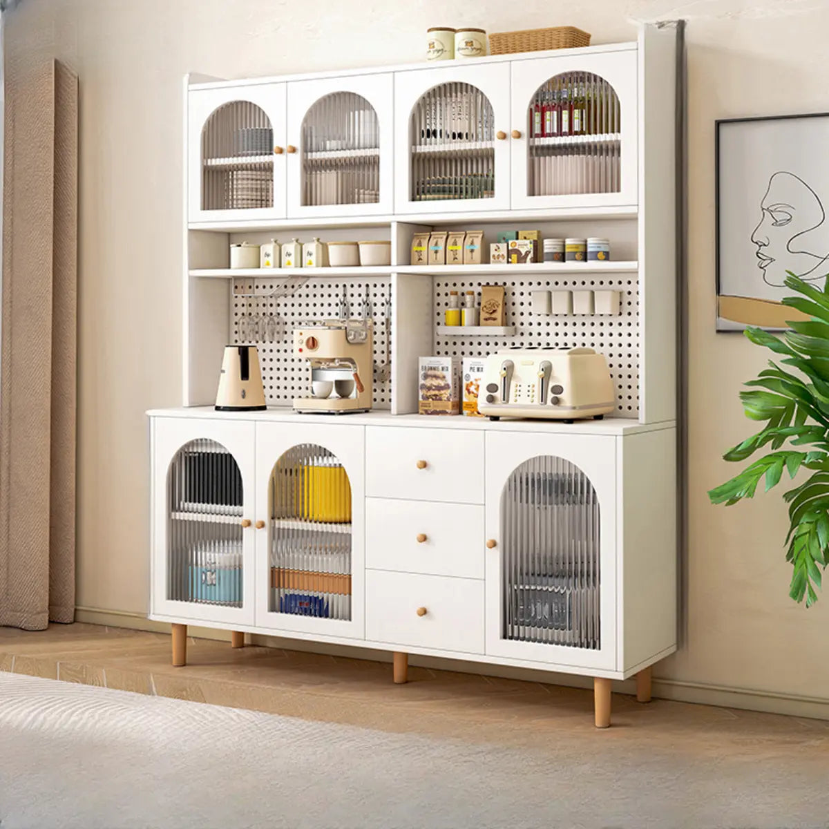 White Wood Arched Ribbed Glass Storage China Cabinet Image - 12