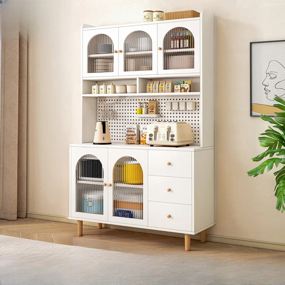 White Wood Arched Ribbed Glass Storage China Cabinet Image - 13