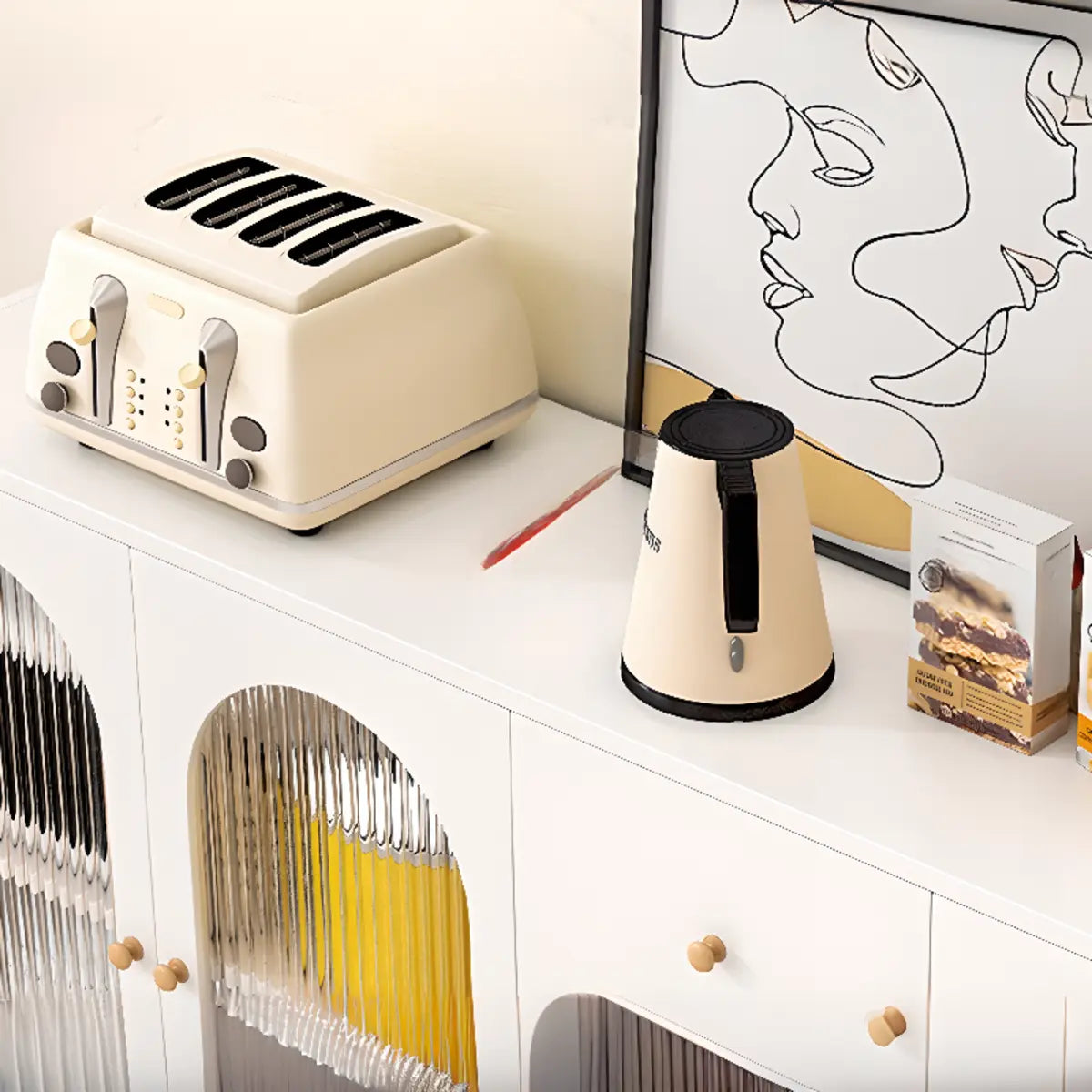 White Wood Arched Ribbed Glass Storage China Cabinet Image - 14