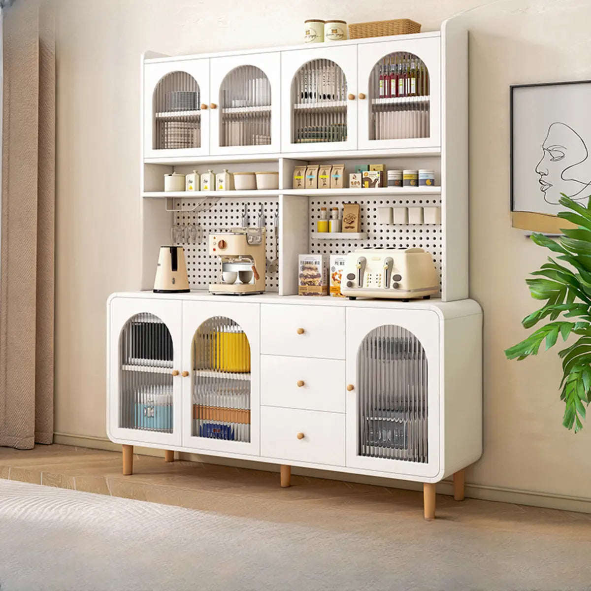 White Wood Arched Ribbed Glass Storage China Cabinet Image - 15