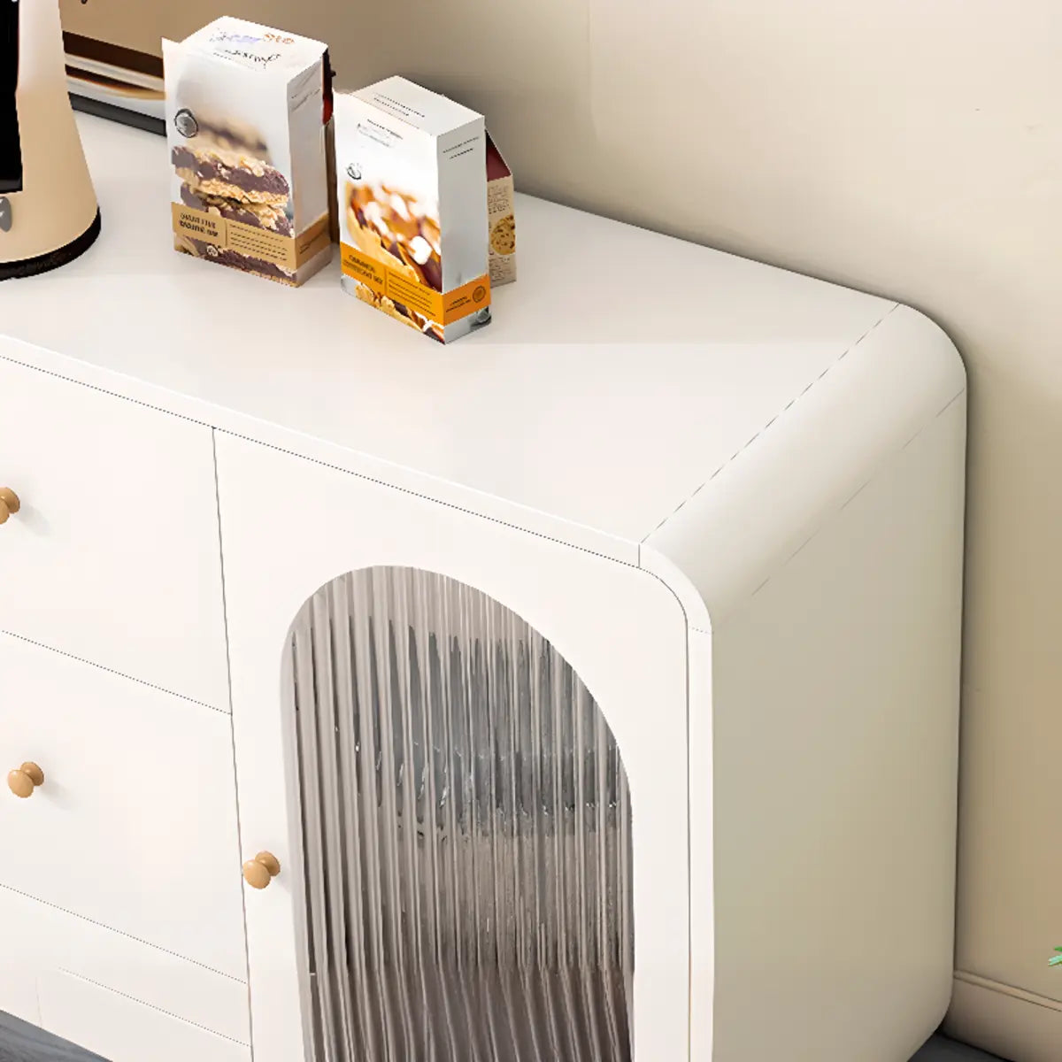 White Wood Arched Ribbed Glass Storage China Cabinet Image - 16