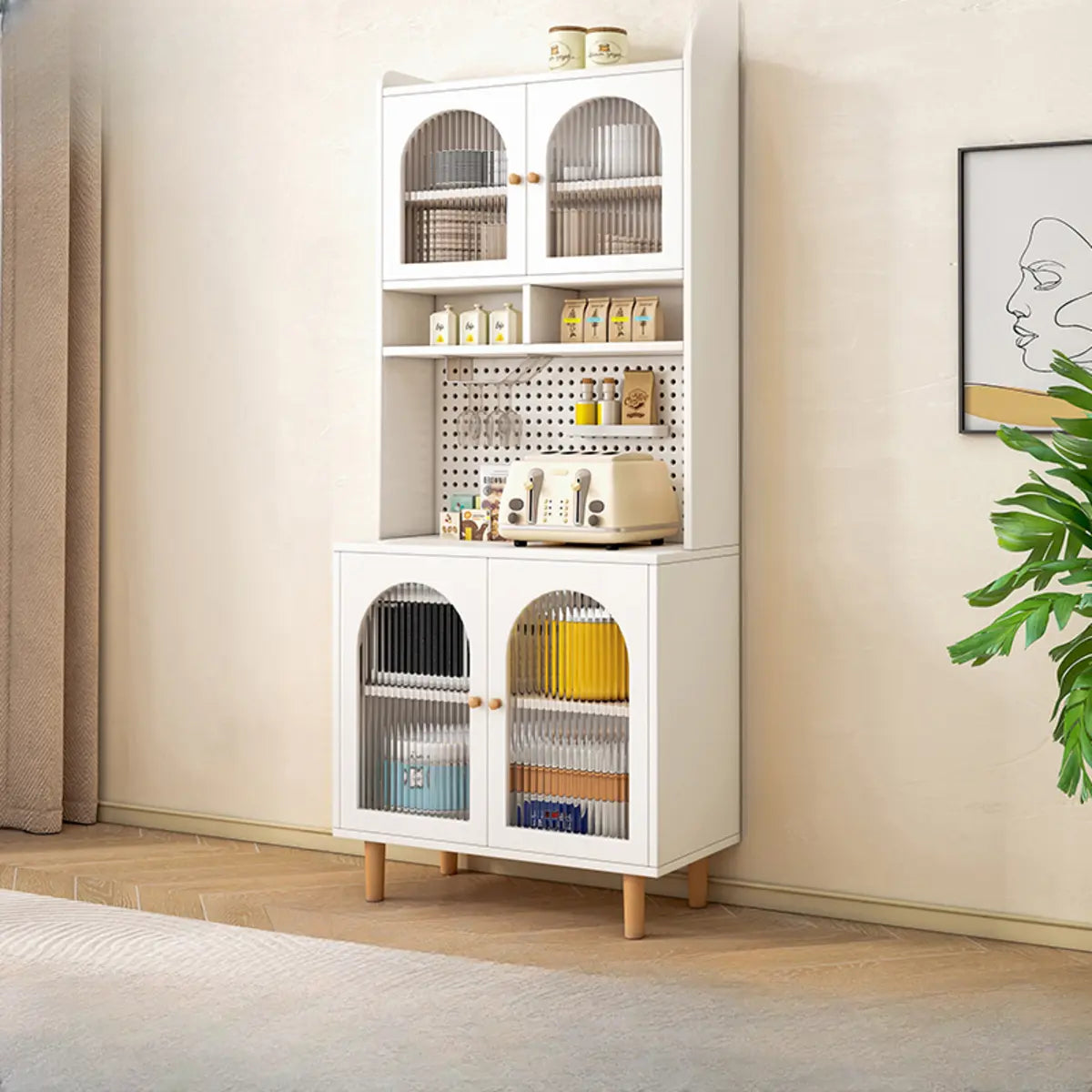 White Wood Arched Ribbed Glass Storage China Cabinet Image - 17