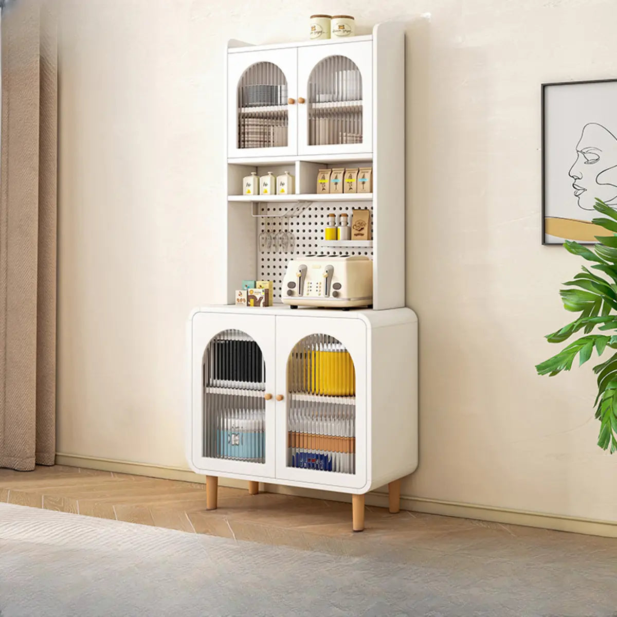 White Wood Arched Ribbed Glass Storage China Cabinet Image - 2