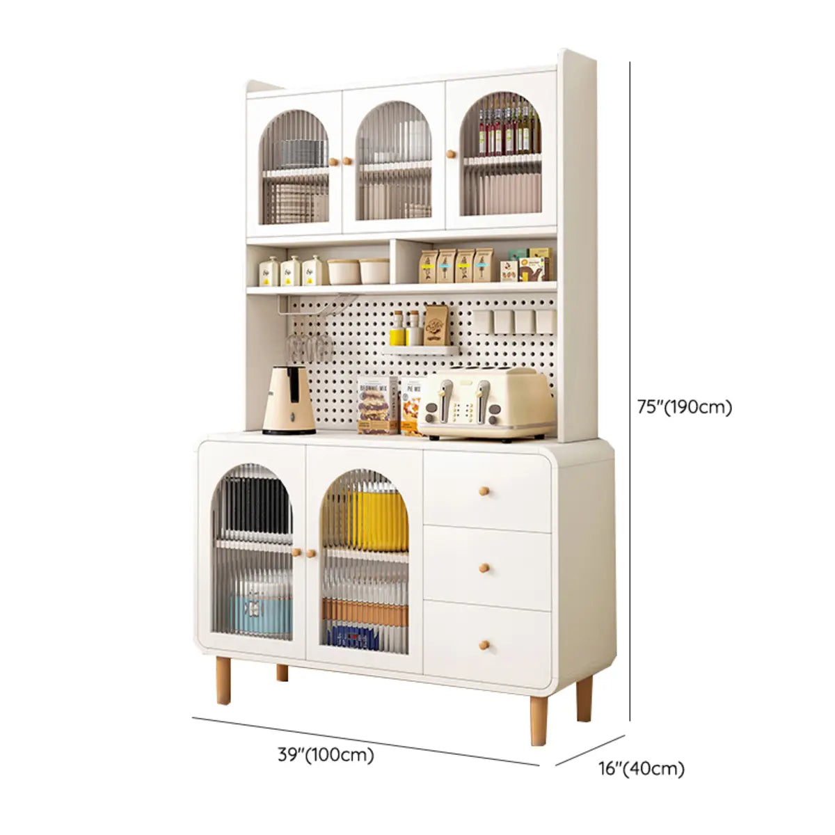 White Wood Arched Ribbed Glass Storage China Cabinet Image - 22