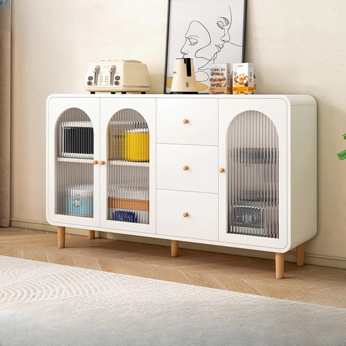 White Wood Arched Ribbed Glass Storage China Cabinet Image - 3