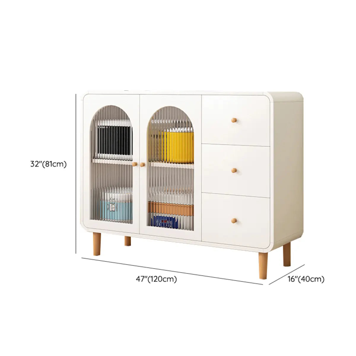 White Wood Arched Ribbed Glass Storage China Cabinet Image - 30