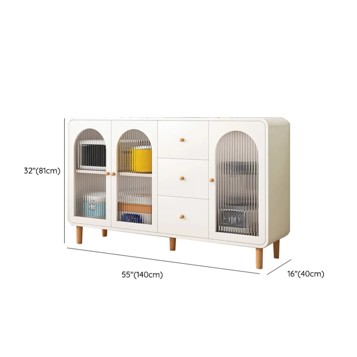 White Wood Arched Ribbed Glass Storage China Cabinet Image - 31